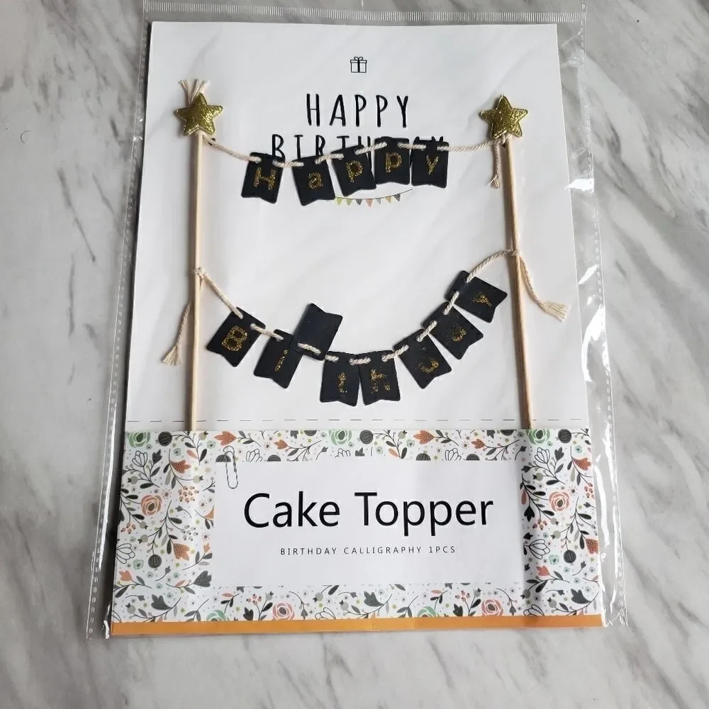 Happy Birthday Black Gold Large Cake Topper Banner NWT